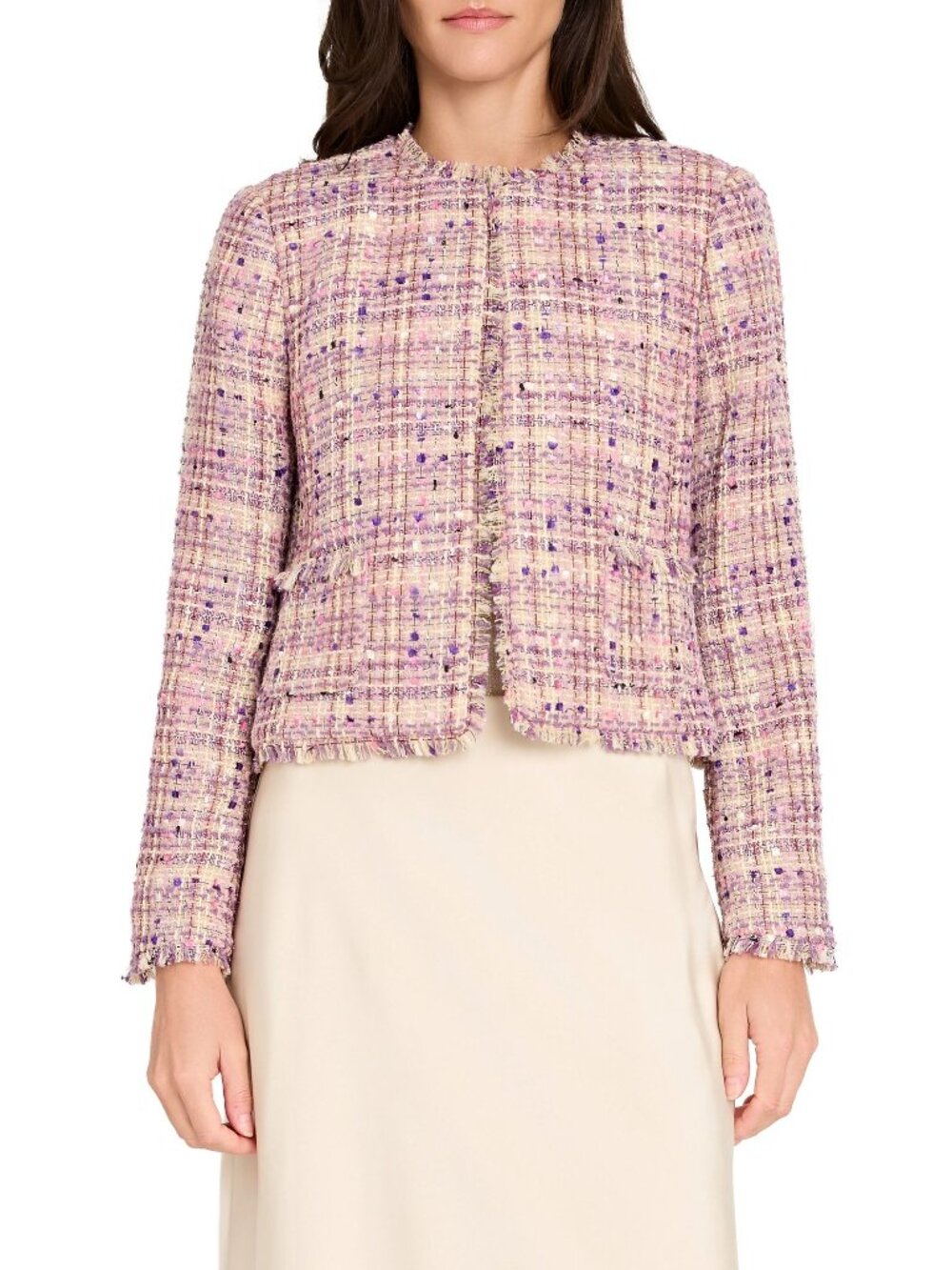 Tahari ASL Womens Boucle Cropped Jacket Vanilla Pink Fringe Size 14 New With Tag